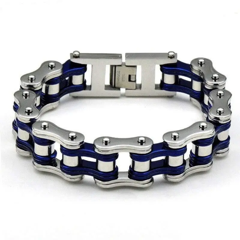 Bracelet chaine moto Argent et Bleu