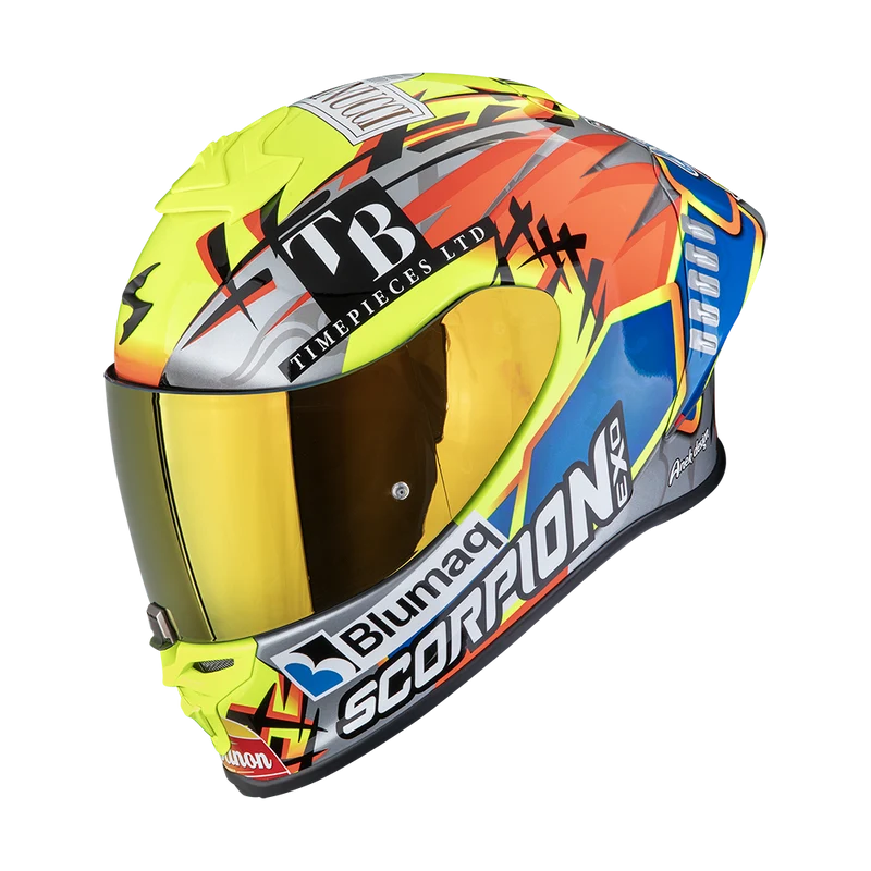 SCORPION EXO-R1 EVO II AIR ARON MISANO CASCO DE MOTO Plata-Amarillo Neon Azul