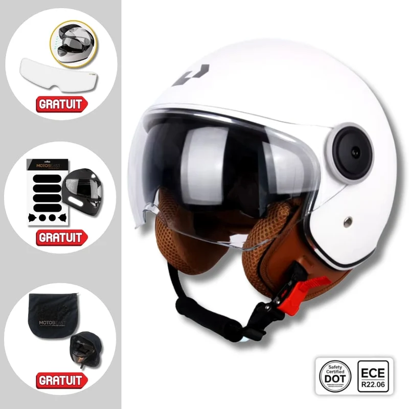 Casque Moto Retro Vintage Blanc | Double Visière