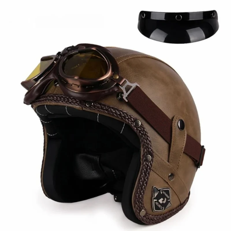 Casque Jet | Retro Vintage | casque moto Cuir Synthétique avec Lunette