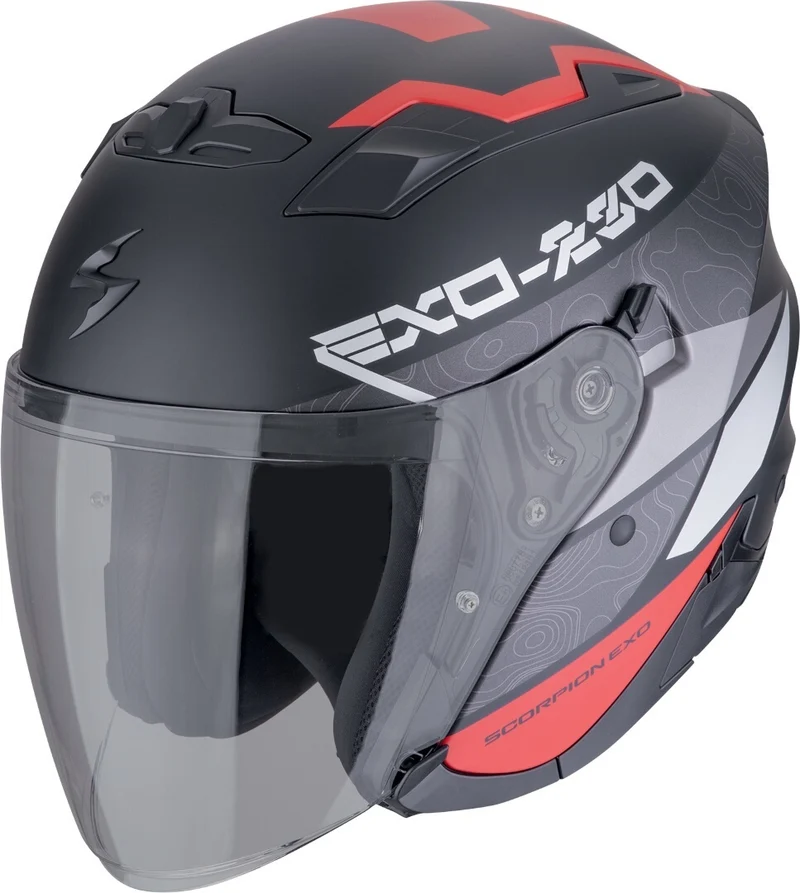 Scorpion EXO-230 BAND Cara Abierta Jet Casco Negro Mate Rojo Plata