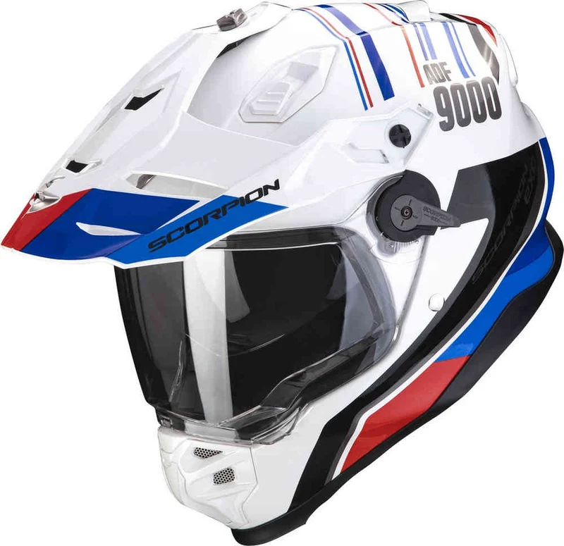 SCORPION ADF 9000 AIR DESERT Aventura Moto Casco Blanco Azul Rojo