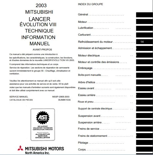 Manuel d'atelier Mitsubishi Lancer Evo 2003 français