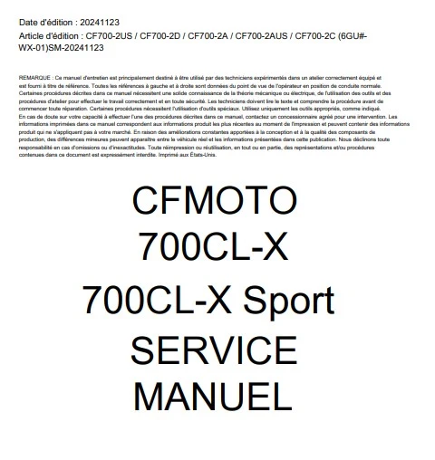 manuel d'atelier CFMoto 700 CLX 2024 français