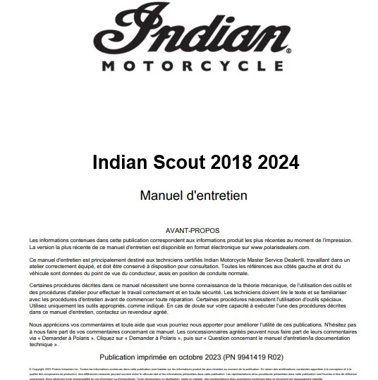 Manuel d'atelier Indian Scout 2018 2024 français