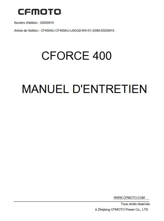 Manuel d'atelier CfMoto Cforce 400 2021 français