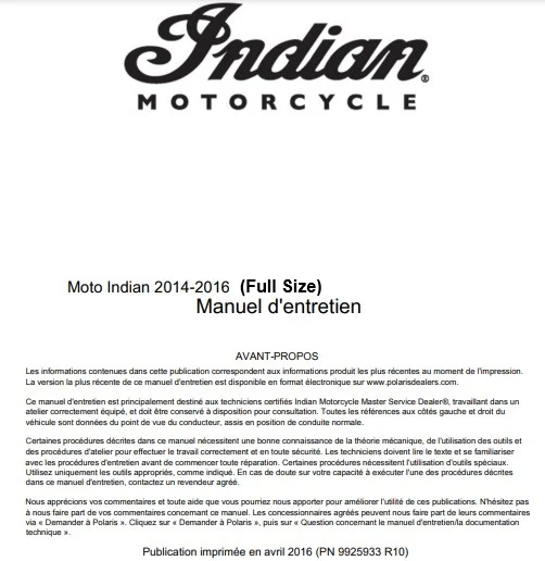 manuel d'atelier Indian Full Size 2014 2016 français