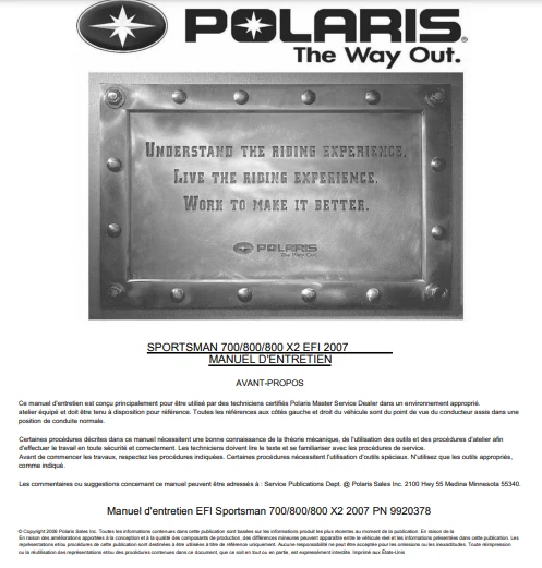 Manuel d'atelier Polaris Sportsman 700 800 EFI 2007 français