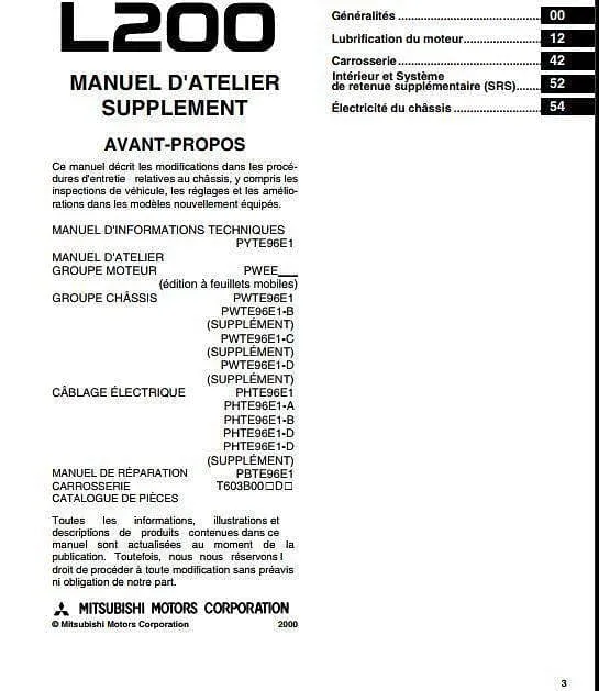 Manuel d'atelier Mitsubishi L200 96 2006 français