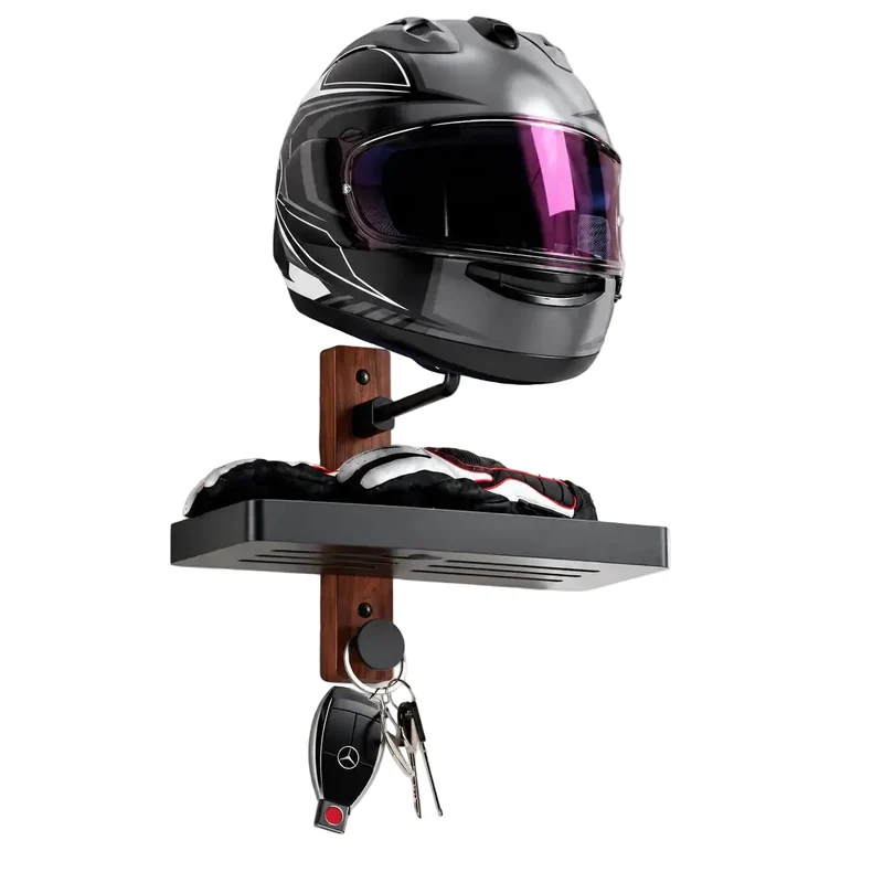 Porte casque moto mural bois métal + crochet clé