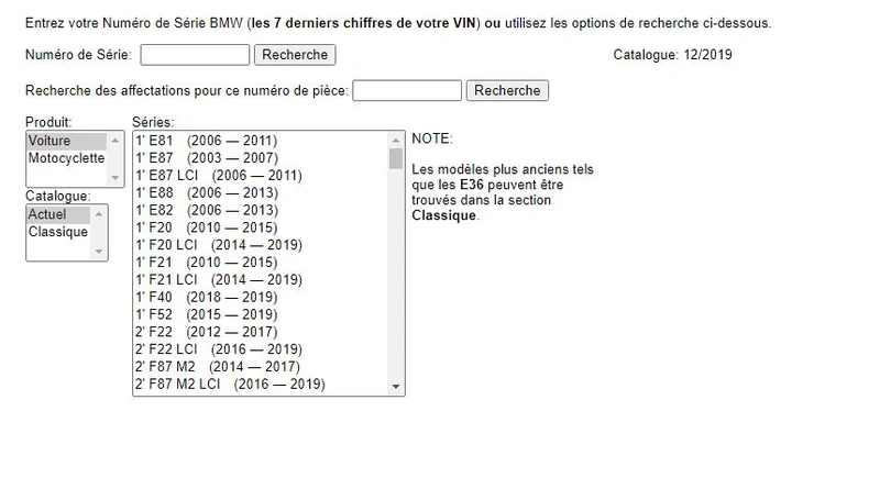 Catalogue de pièces BMW 1950 à 2019