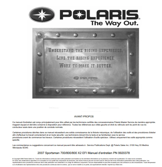 Manuel d'atelier Polaris Sporstman 700 800 EFI 2007 français