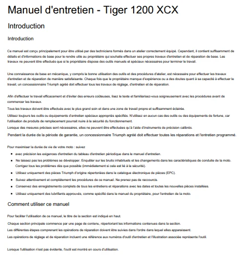 Manuel d'atelier Triumph Tiger 1200 XCX 2018 2021 français
