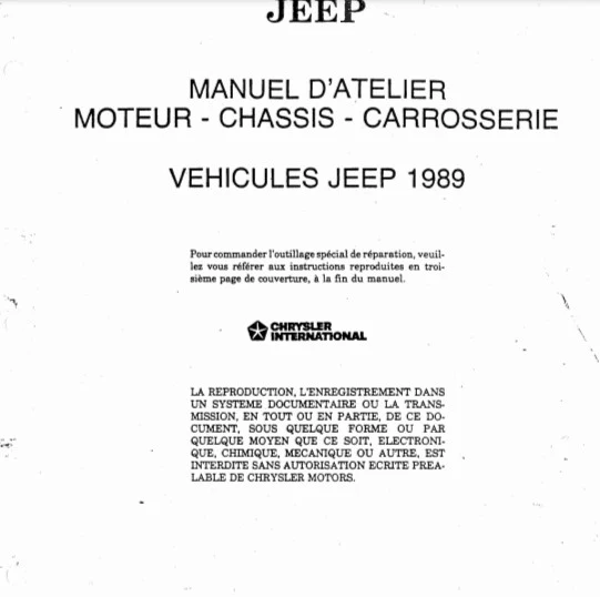 Manuel d'atelier Jeep 1989 tous modèles
