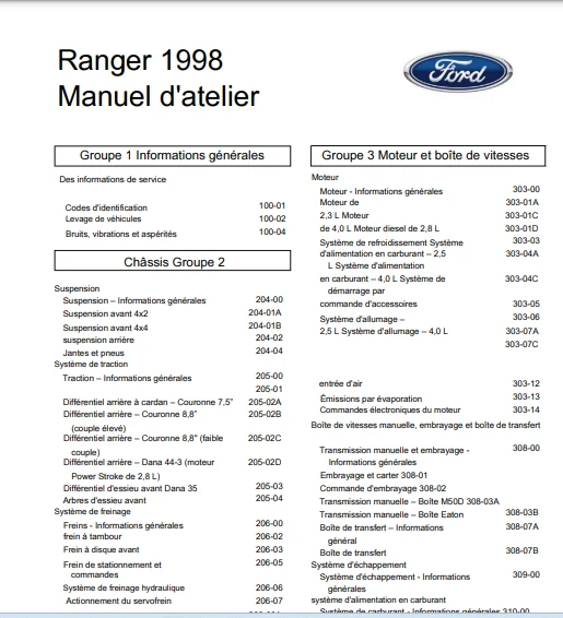Manuel d'atelier Ford Ranger 98 2003 en français