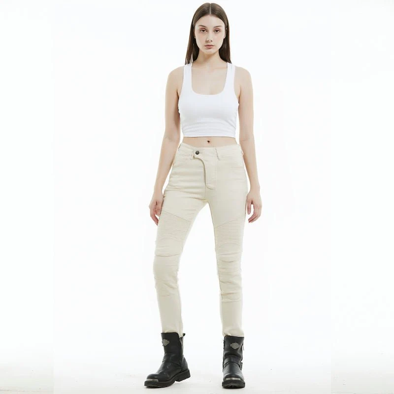 Jeans moto femme Slim-Fit blanc avec taille élastique
