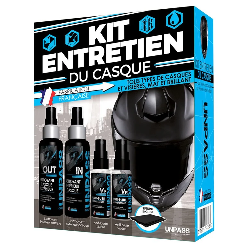 Kit Entretien Casque Moto – 4 sprays + suédine