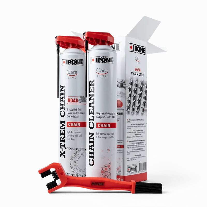 Pack Entretien Chaîne Moto Ipone — Chain Cleaner 750ml + Graisse X-TREM 750ml + Brosse