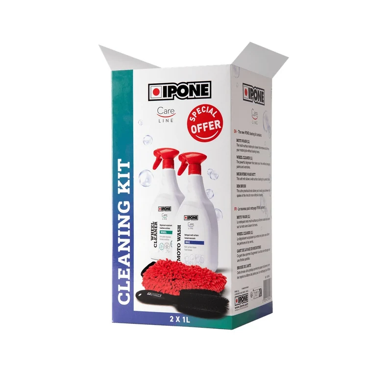 Pack Nettoyage Moto Ipone Cleaning Kit — Moto Wash 1L + Wheel Cleaner + Gant + Brosse Jantes