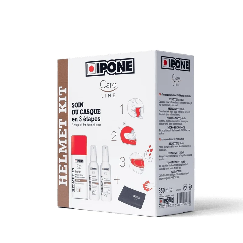 Pack Entretien Casque Ipone — Nettoyant Ext/Int + Anti-Pluie + Microfibre