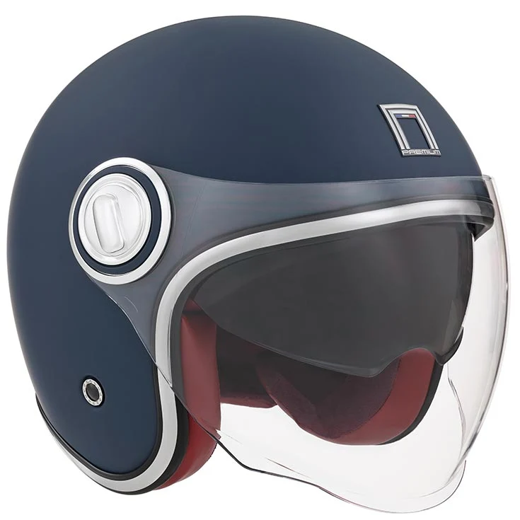 Casque Jet NOX HERITAGE | Bleu Mat & Intérieur Cuir Rouge | ECE R22-06 | SOLDES