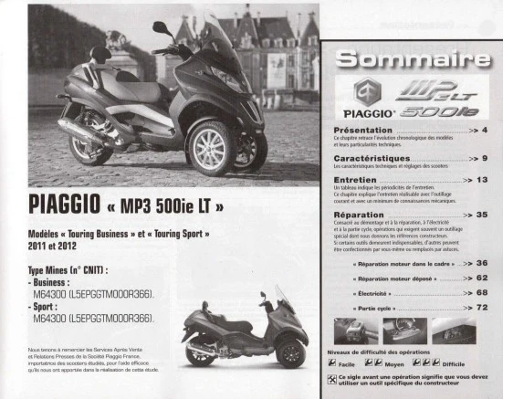 manuel d'atelier Piaggio 500 MP3 ie 2012