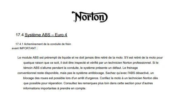 Manuel d'atelier Norton 961 2017 Euro 4 ABS français
