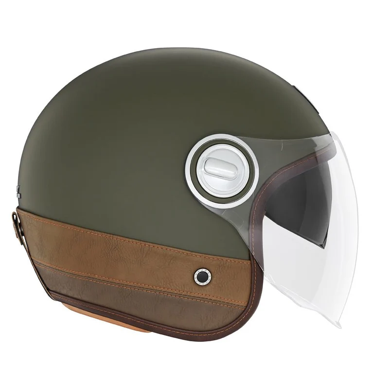 Casque Moto Jet Army Green et Cuir Marron Naturel | Heritage