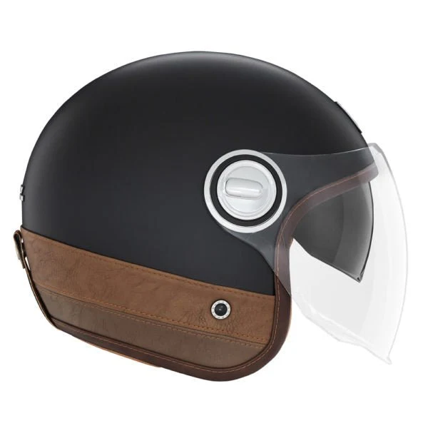 Casque Moto Jet Heritage Noir Mat Cuir Marron | NOX