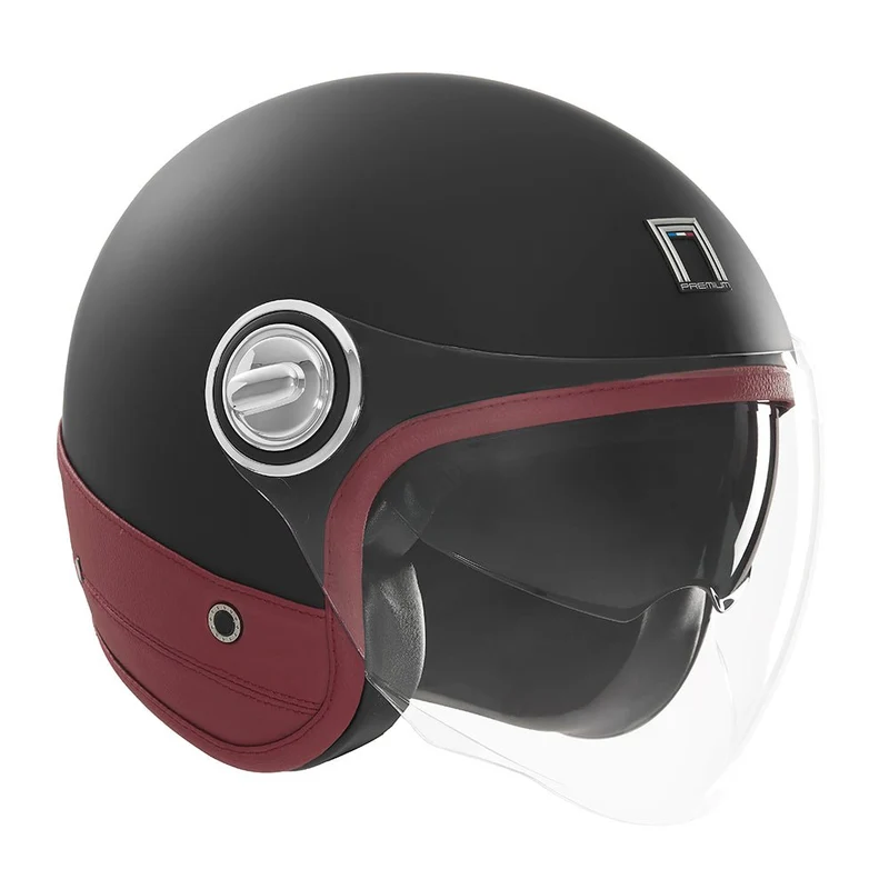 Casque Moto Jet Heritage Noir Mat Cuir Rouge | NOX