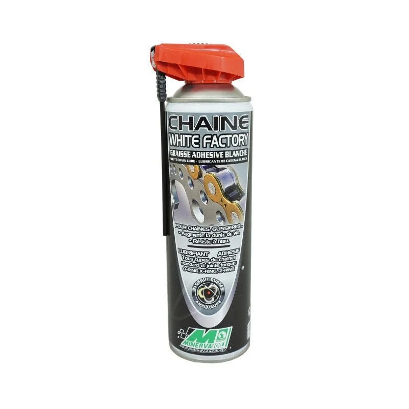 GRAISSE A CHAINE MOTO MINERVA CHAINE WHITE FACTORY ADHESIVE BLANCHE POUR ROUTE/OFF ROAD/CROSS (AEROSOL 500 ml)