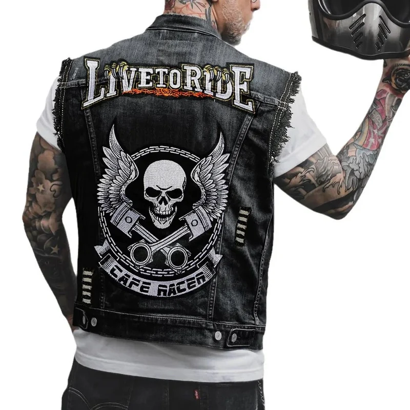 Gilet biker jeans avec patch - Crâne Ailé Café Racer | SOLDES