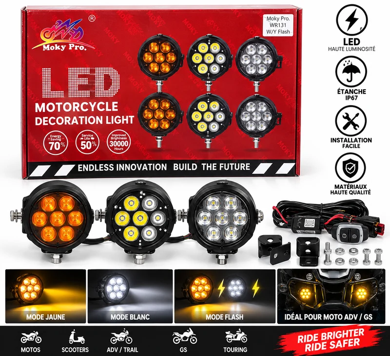 💡 FEUX AUXILIAIRES LED MOTO MOKY PRO WR131 – BLANC / JAUNE + FLASH