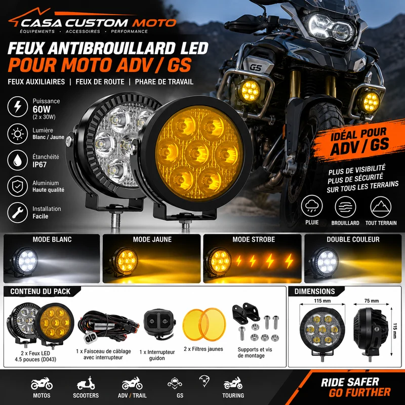💡 FEUX ANTIBROUILLARD LED D043 4.5" – BLANC / JAUNE – STROBE