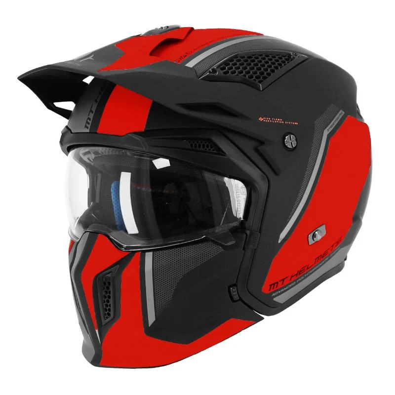 CASQUE TRIAL MT STREETFIGHTER SV TWIN C5 NOIR MAT/ROUGE SIMPLE ECRAN TRANSPARENT TRANSFORMABLE AVEC MENTONNIERE AMOVIBLE