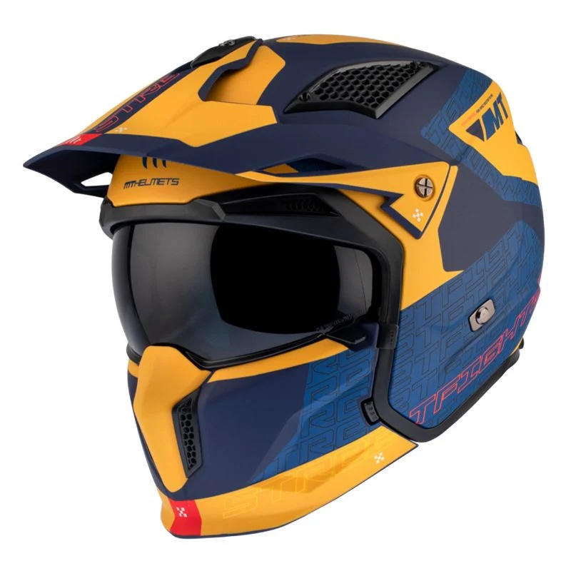 CASQUE TRIAL MT STREETFIGHTER SV TOTEM C3 BLEU/JAUNE MAT SIMPLE ECRAN TRANSPARENT TRANSFORMABLE AVEC MENTONNIERE AMOVIBLE