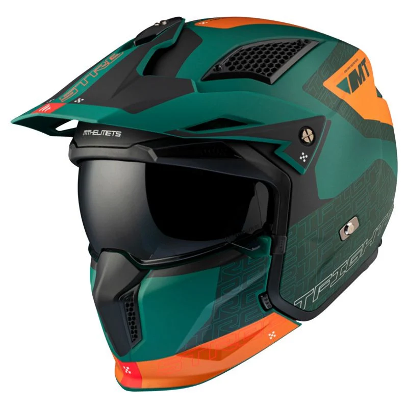 CASQUE TRIAL MT STREETFIGHTER SV TOTEM C6 VERT/ORANGE MAT SIMPLE ECRAN DARK TRANSFORMABLE AVEC MENTONNIERE AMOVIBLE