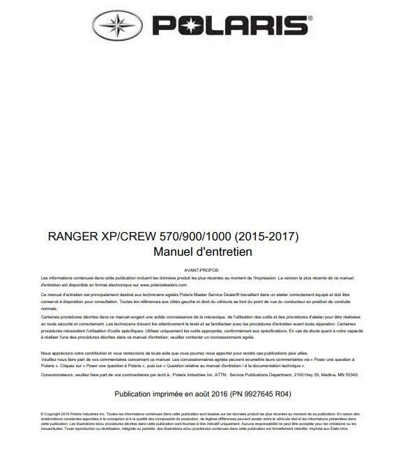 Manuel d'atelier Polaris Ranger XP Crew 2015 2017 français
