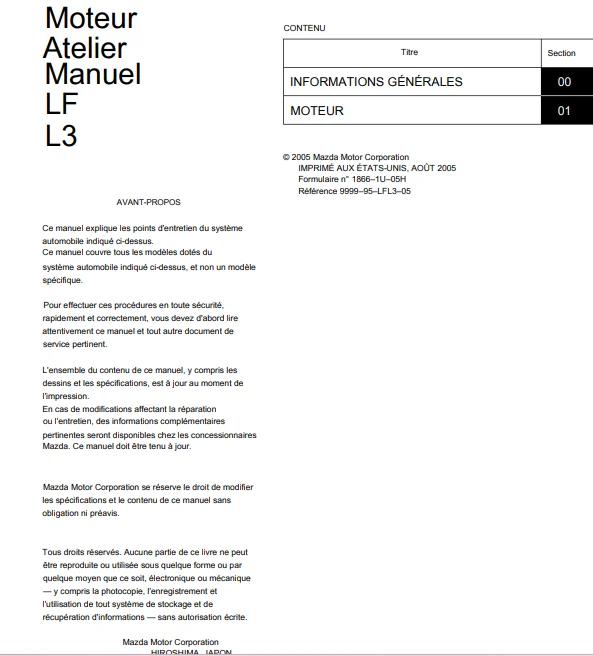 Manuel d'atelier Moteur Mazda 2.0 2.3 LF L3 2005