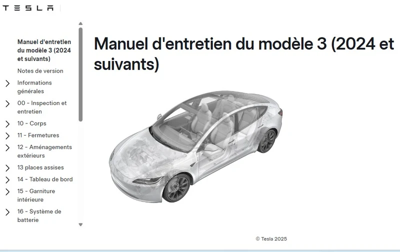 manuel d'atelier Tesla model3 2024 français