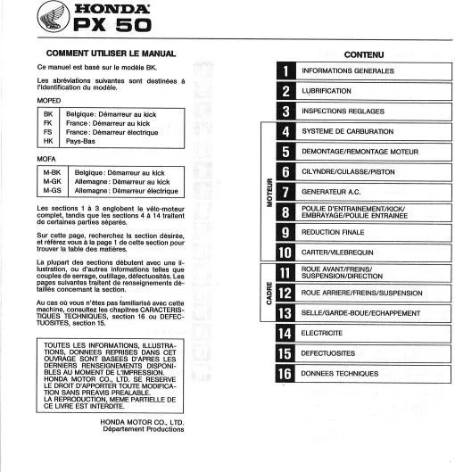 Manuel d'atelier Honda PX 50 1980 français
