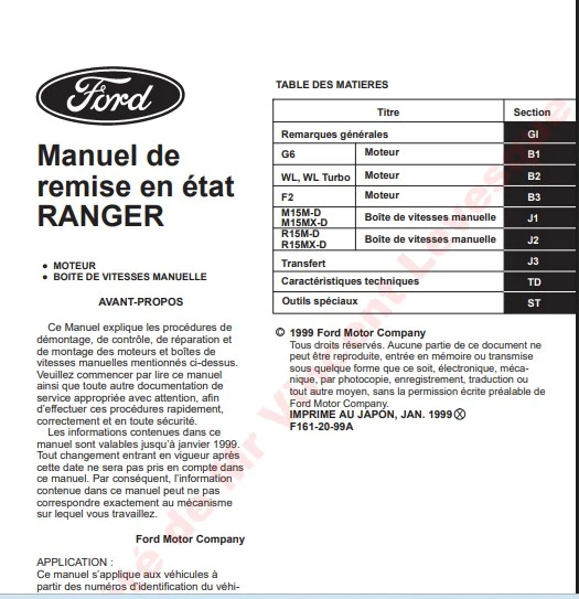 Manuel d'atelier Ford Ranger Mazda B2500 1998 2006 français
