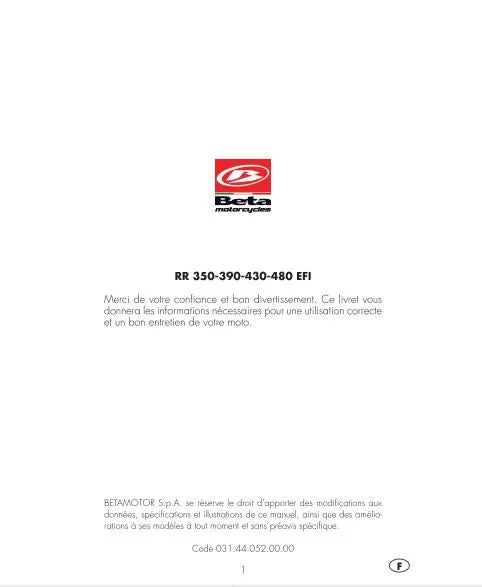 manuels d'atelier Beta RR 350 390 430 480 2019 FR
