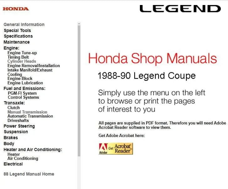 Manuels d'atelier Honda Legend 1988 1990